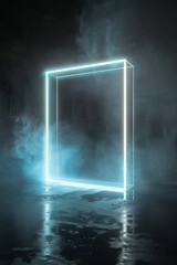 Neon cube frame in misty blue cyber landscape