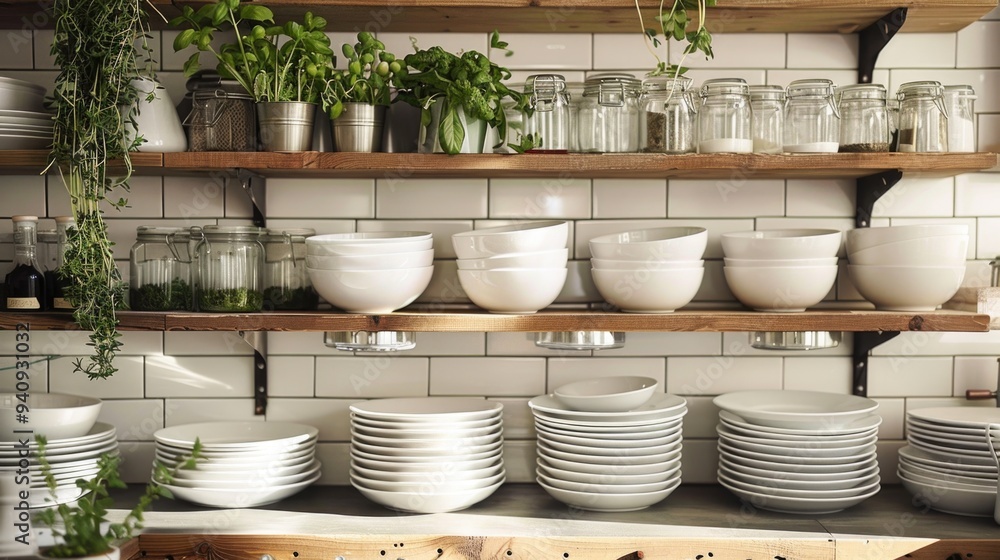 Poster assorted plates and bowls displayed on a shelf