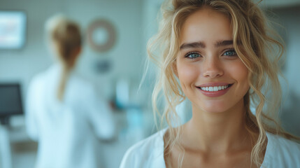 Obraz premium A woman with a relieved and happy expression on her face after receiving treatment, conveying a positive healthcare experience