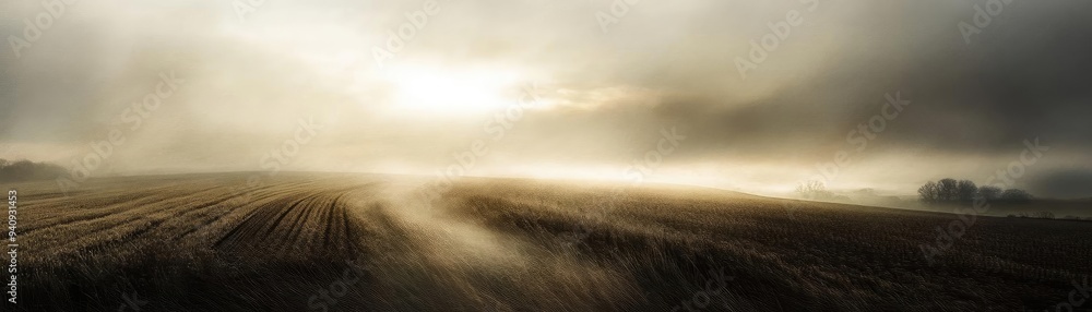 Poster A tranquil landscape showcasing misty fields under a soft, diffused light, evoking a sense of calm and serenity.