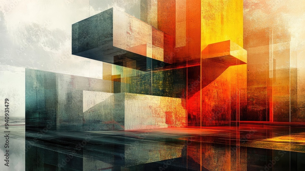 Poster Vibrant abstract composition with layered geometric shapes and bold colors, creating a dynamic and captivating visual experience.