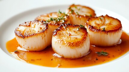 A plate of seared scallops with a lemon butter sauce.