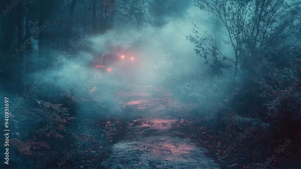 Poster A mysterious forest shrouded in mist, illuminated by distant lights, creating an eerie and enchanting atmosphere.