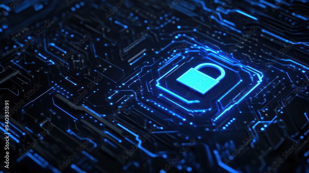 Poster a digital representation of cybersecurity, featuring a glowing lock symbol on a circuit board backgr