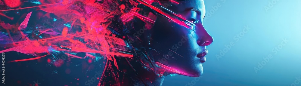 Poster a striking profile of an abstract figure, showcasing vibrant colors and dynamic shapes that evoke fu