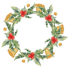 Holly evergreen leaves with red berries, gold bells. Watercolor hand drawn illustration, wreath chaplet frame isolated on white. Xmas, happy new year festive, noel navidad. Print paper, textile fabric