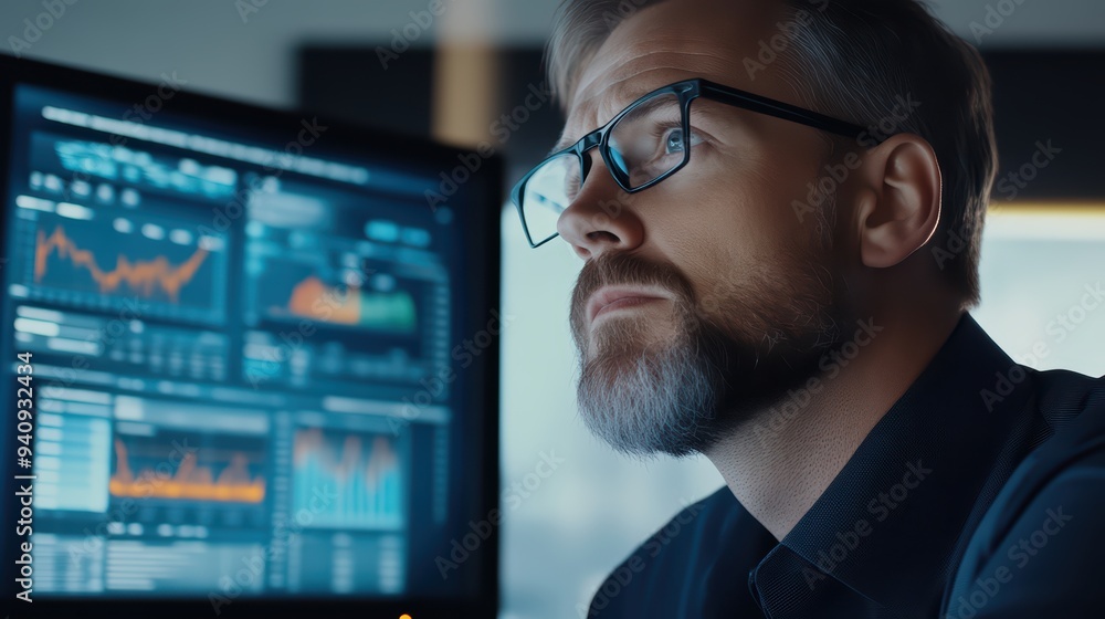Poster a focused professional analyzes data trends on a computer screen in a modern office environment, sho