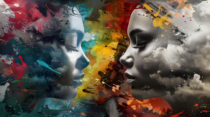 November 16, International Day of Tolerance. Black and white portrait of a woman with a mirror reflection on a bright abstract background