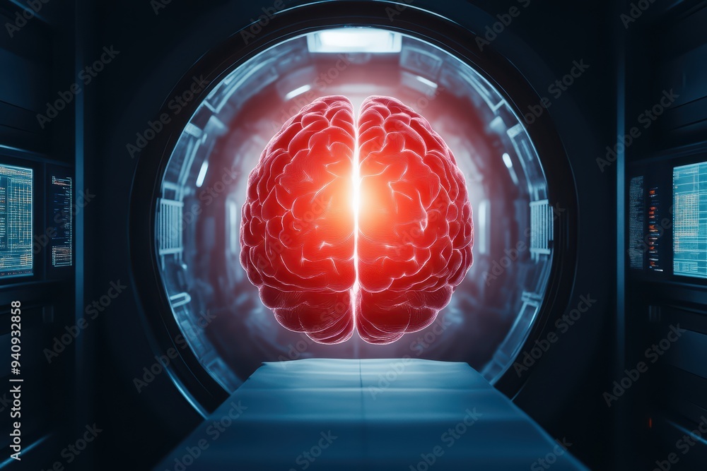 Poster a futuristic brain visualization, glowing with energy in a high-tech environment, symbolizing knowle