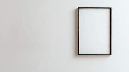 A single minimalist photo frame hanging on a blank white wall, highlighting clean lines and simplicity.