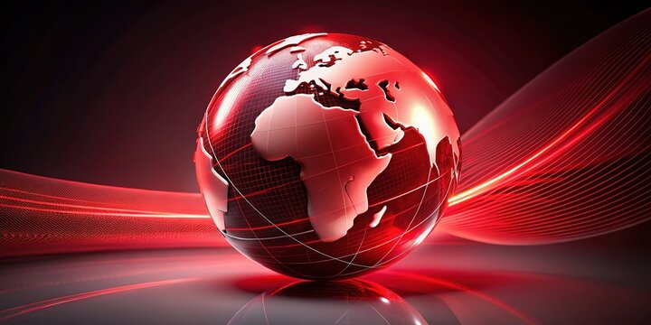 The abstract design features a stylized red globe with swirly patterns, evoking a sense of energy and movement, conveying adventure and exploration.