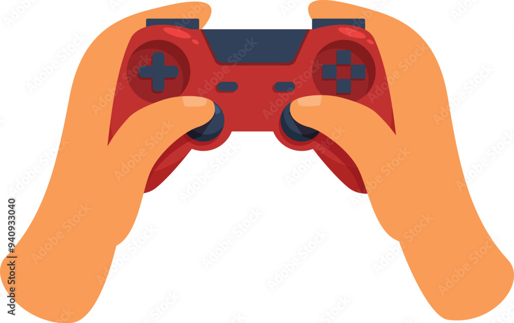 Poster hands are on a red and black video game controller, playing a video game
