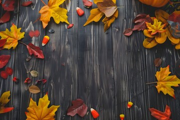 Autumn leaves and candy corn scattered on a rustic dark wooden background with maple leaves. Halloween backdrop with place for text. Perfect for seasonal design, festive decoration illustration.