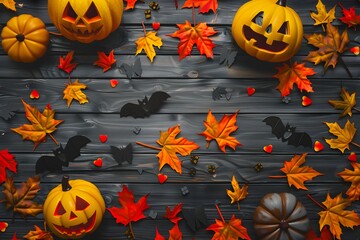 Halloween wooden background with jack o'lantern, autumn leaves, and bat scattered. A festive and playful flat lay illustration with carved pumpkin for holiday design 
