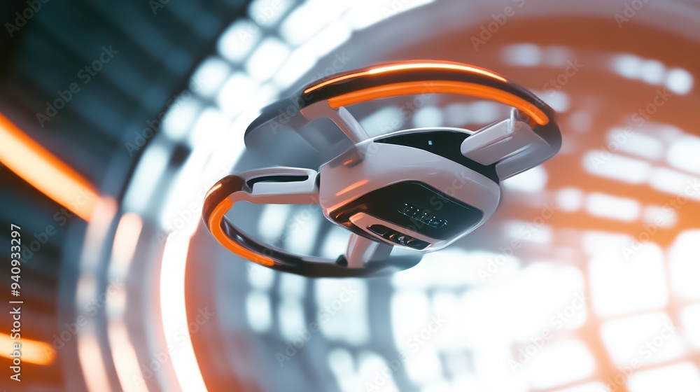 Poster a futuristic drone hovering in an illuminated space, showcasing advanced technology and sleek design