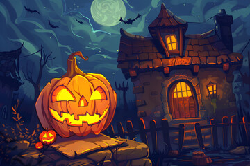 Glowing Jack-o'-Lantern with small curved pumpkin under scary moonlit, with bats flying in the night sky. Eerie and whimsical haunted illustration for festive, spooky design, party invitation