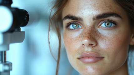 the moment when a female patient undergoes an eye exam, with the focus on her face and the medical equipment being used