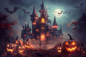 Spooky hauted castle illustration, surrounded by glowing Jack-o'-Lanterns and flying bats under a misty, moonlit sky. Creepy house illustration for eerie and festive Halloween design, party poster.