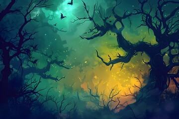 A dark, twisted forest illustration with eerie green and yellow light shining through the trees. Bats fly overhead, adding to the haunted atmosphere. 