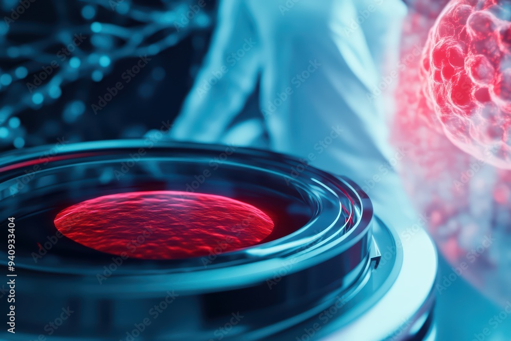 Poster a futuristic laboratory scene showcasing advanced technology with a glowing red element and scientif