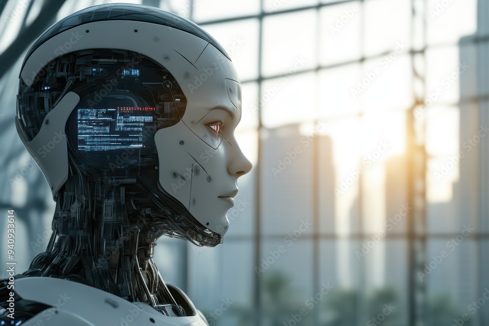 Poster a futuristic robot with a sleek design, displaying advanced technology and artificial intelligence i