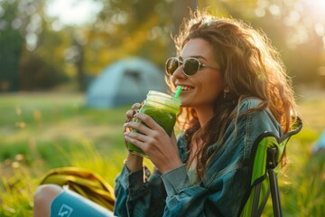 Fototapeta premium A woman enjoys a green smoothie while sitting in a camping chair in nature. The sunlight creates a warm atmosphere. This image captures outdoor relaxation and healthy living. Generative AI