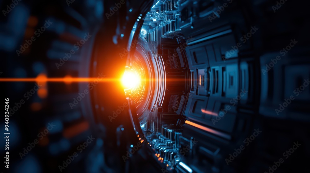 Poster a futuristic tunnel with glowing lines and light, creating a sense of depth and advanced technology,
