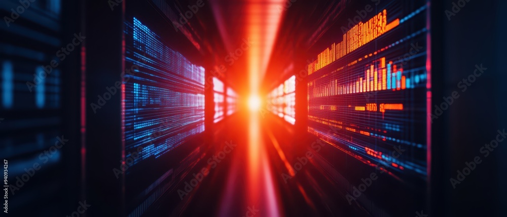 Poster a futuristic view of digital data visualizations with bright glowing lines and a central light sourc
