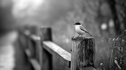  A small bird sits on a weathered wooden post against a foggy backdrop