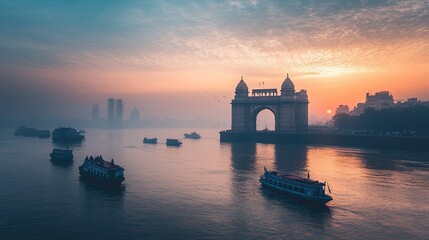 A stunning shot of the Gateway of India in Mumbai, with boats in the foreground and the city in the background.