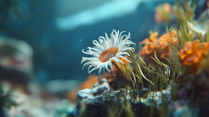  A tight shot of a solitary sea anemone adhered to a coral outcropping Other sea anemones dot the background