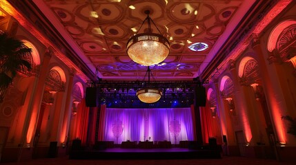 Fototapeta premium Illuminated Event Hall with a Stage, Ornate Ceiling, and Hanging Chandeliers