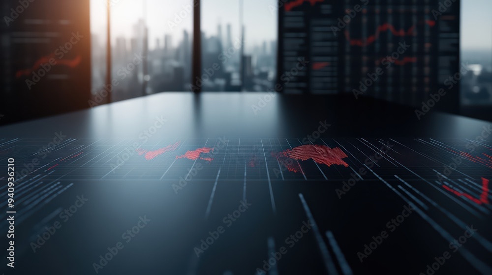 Poster a modern workspace showcasing a digital map with data visualizations, symbolizing finance and global