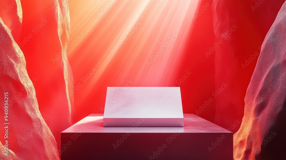 Poster a mysterious box illuminated by striking red light, positioned in a cave-like setting, evoking intri
