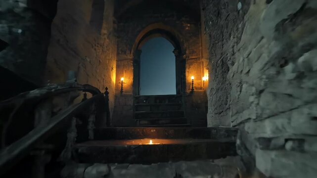 Eerie Abandoned Staircase in Dilapidated Gothic Building with Dim Lighting and Candles Illuminating the Corridor. Concept of Haunting Atmosphere, Antiquity, Decay, Mystery, haunted castle, Halloween.