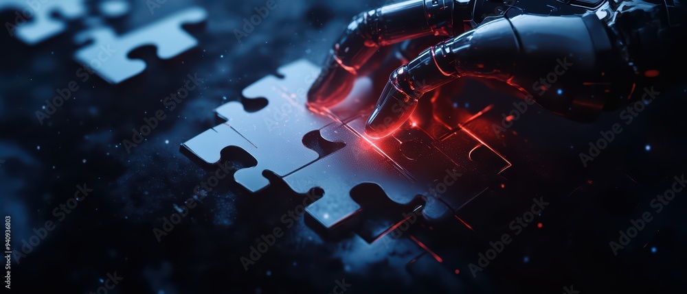 Aufkleber a robotic hand placing a glowing puzzle piece, symbolizing technology and problem-solving in a futur