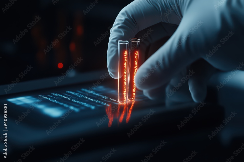 Poster a scientist in a lab carefully handles test tubes with glowing contents, showcasing a fusion of tech