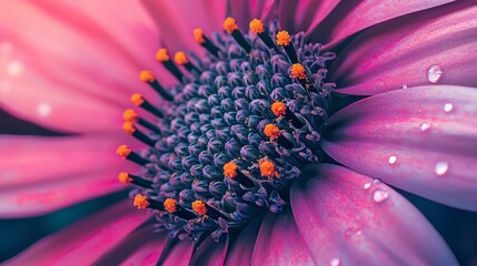  A tight shot of a pink bloom, adorned with water droplets on its petals, and the florets visible in its wet center