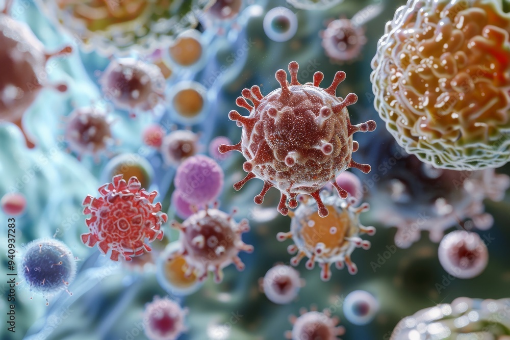 Poster a diverse collection of viruses and bacteria, showcasing their unique shapes and sizes in a microsco