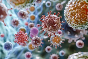 A diverse collection of viruses and bacteria, showcasing their unique shapes and sizes in a microscopic view, The delicate balance of the immune system, AI generated