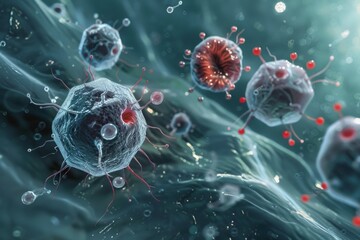 An illustration featuring various viruses and bacteria, highlighting their distinct forms and characteristics under a microscope, The delicate balance of the immune system, AI generated