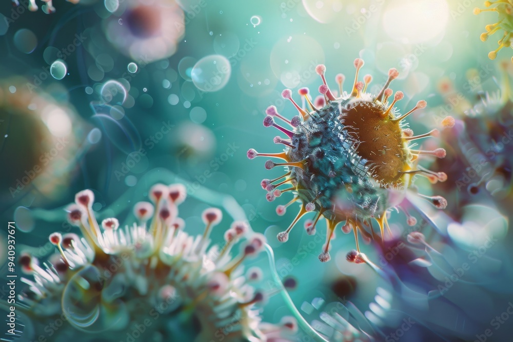 Poster a diverse collection of viruses and bacteria, showcasing their unique shapes and sizes in a microsco