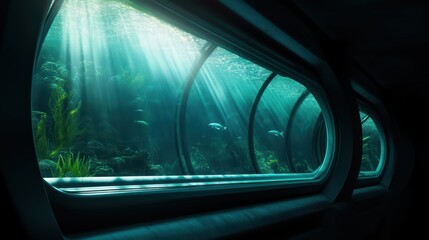 Obraz premium A serene underwater view showcasing sunlight filtering through water, revealing aquatic life and plants.