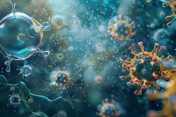 A diverse collection of viruses and bacteria, showcasing their unique shapes and sizes in a microscopic view, The delicate balance of the immune system, AI generated