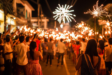 Obraz premium A lively street parade during Diwali, the festival of lights, in India.