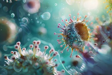 A diverse collection of viruses and bacteria, showcasing their unique shapes and sizes in a microscopic view, The delicate balance of the immune system, AI generated