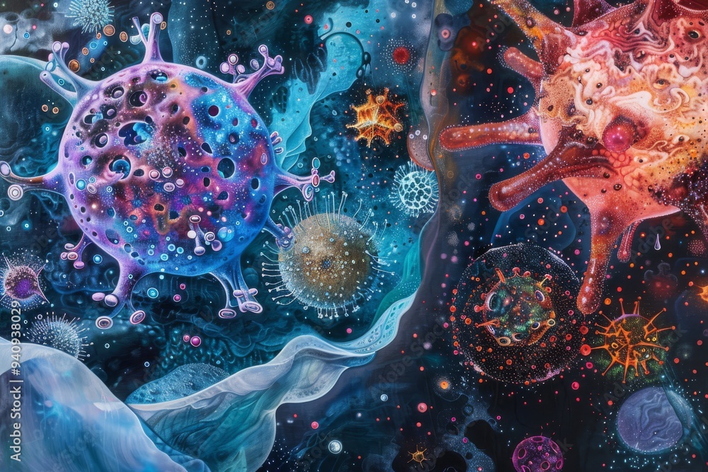 Poster a visual representation of multiple viruses and bacteria, emphasizing their intricate structures and