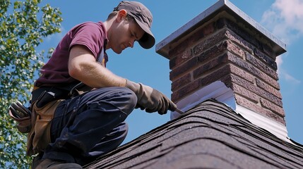Roofer working on a chimney on a sunny day.