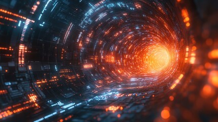 Fototapeta premium Futuristic glowing tunnel with vibrant orange and blue lights, representing technology, innovation, and digital advancement.