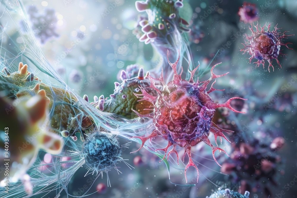 Poster a visual representation of multiple viruses and bacteria, emphasizing their intricate structures and